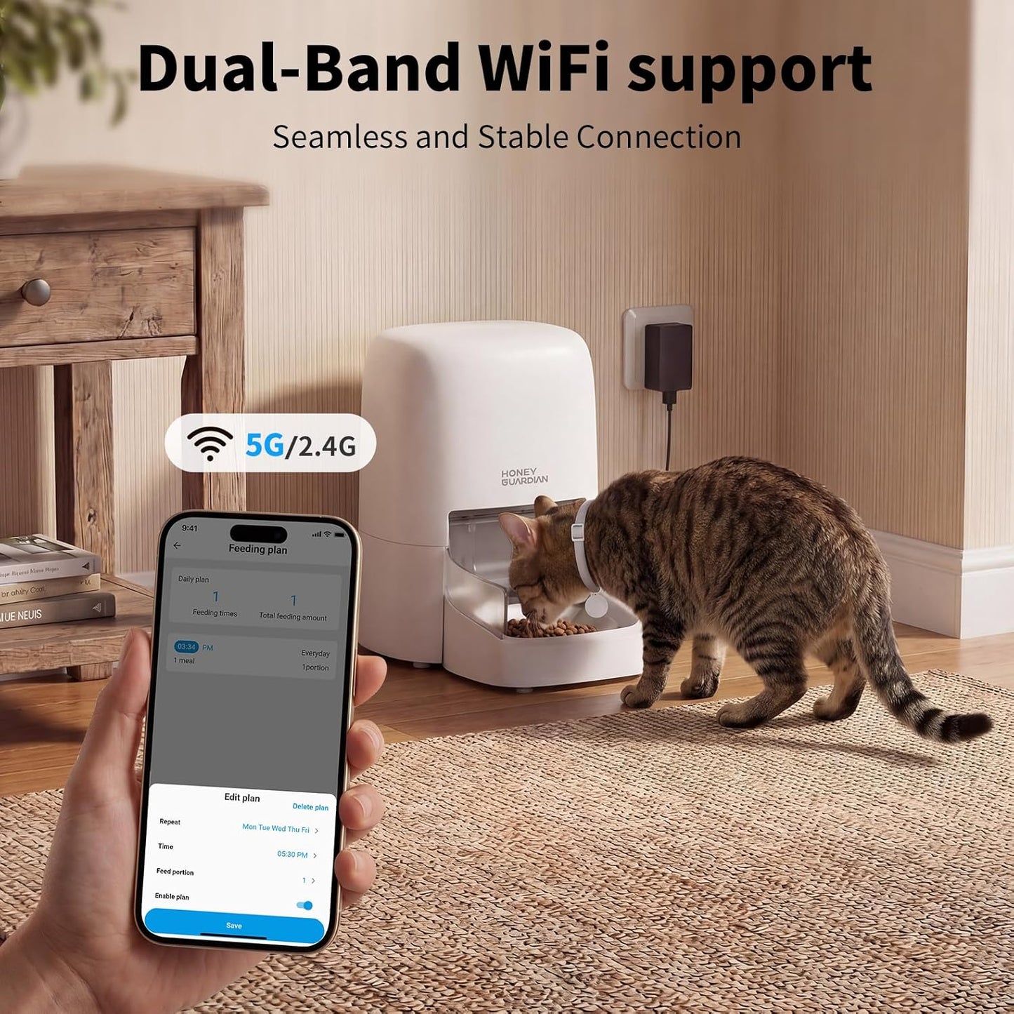 HoneyGuardian RFID ჭკვიანი ავტომატური საჭმლის დისპენსერი – 4.6 ლ, Wi-Fi, RFID თეგით