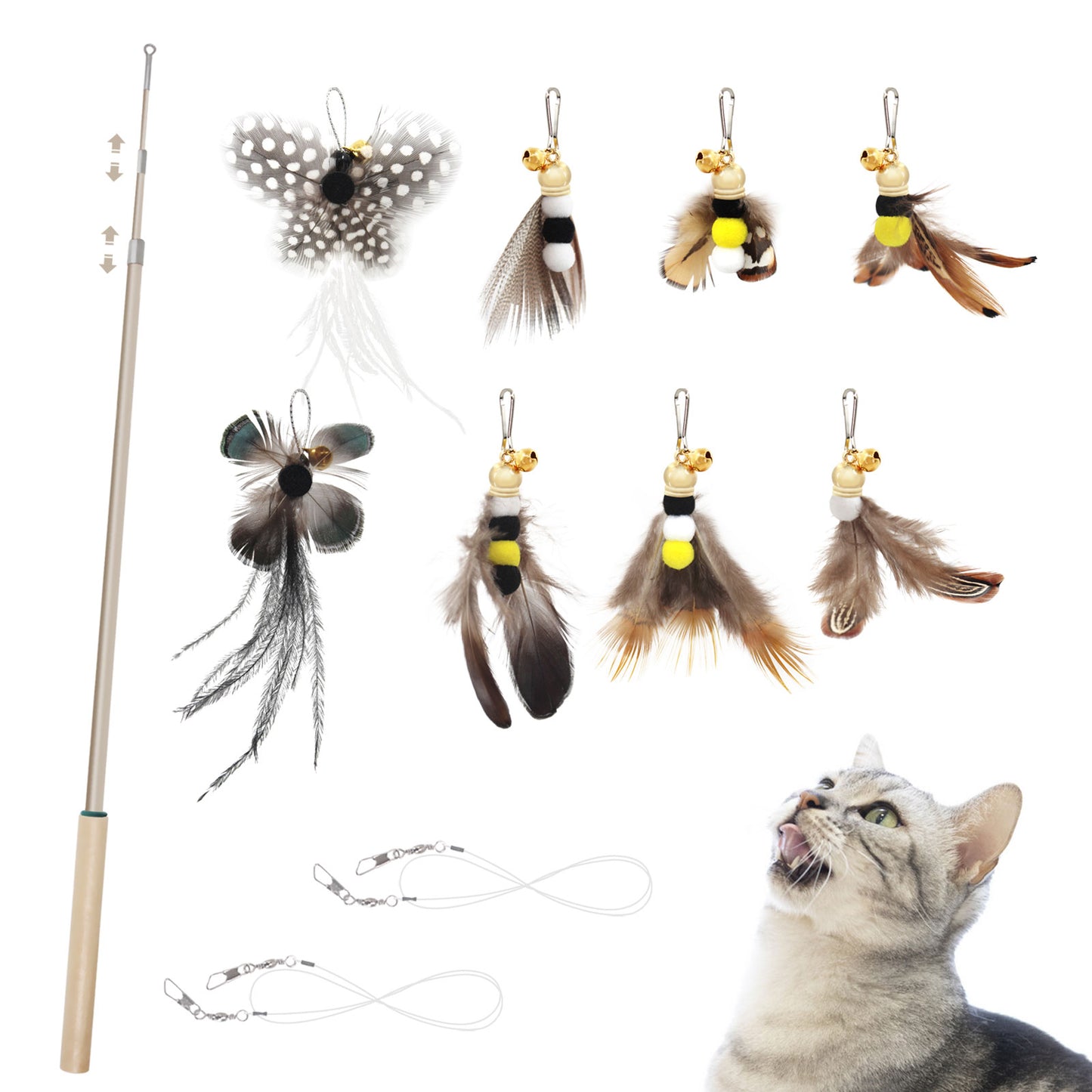 Eco-Friendly Cat Teaser Wand with Natural Feather Refills (6 pcs)