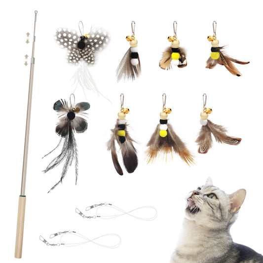 Eco-Friendly Cat Teaser Wand with Natural Feather Refills (6 pcs)