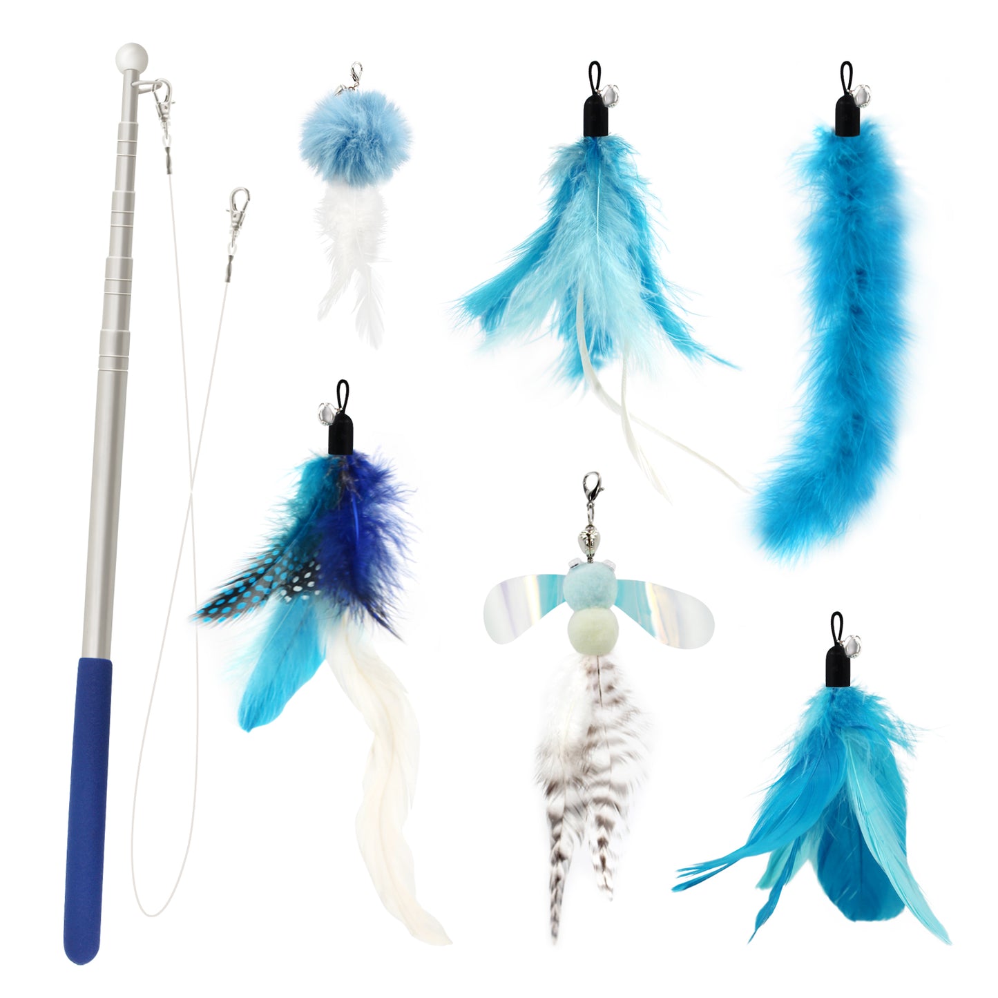 Eco-Friendly Cat Teaser Wand with Natural Feather Refills (6 pcs)