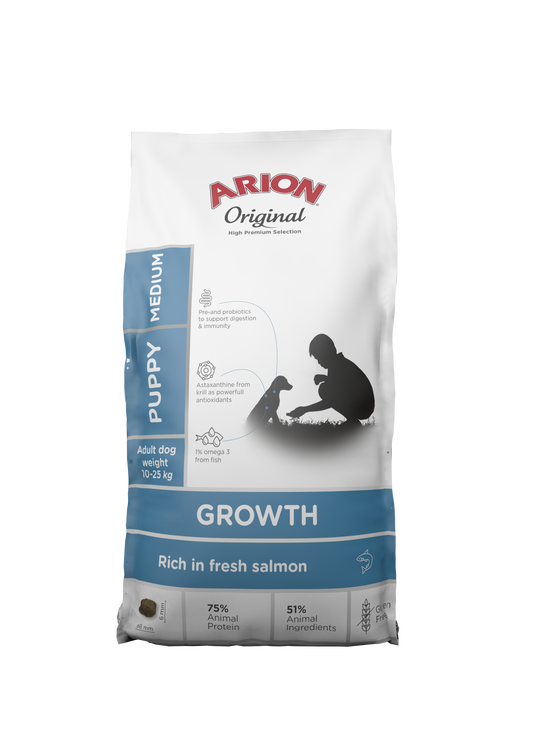 ARION Original Growth — აქტიური ზრდა — საშუალო ჯიშის ლეკვებისთვის (ორაგულით) (2კგ)